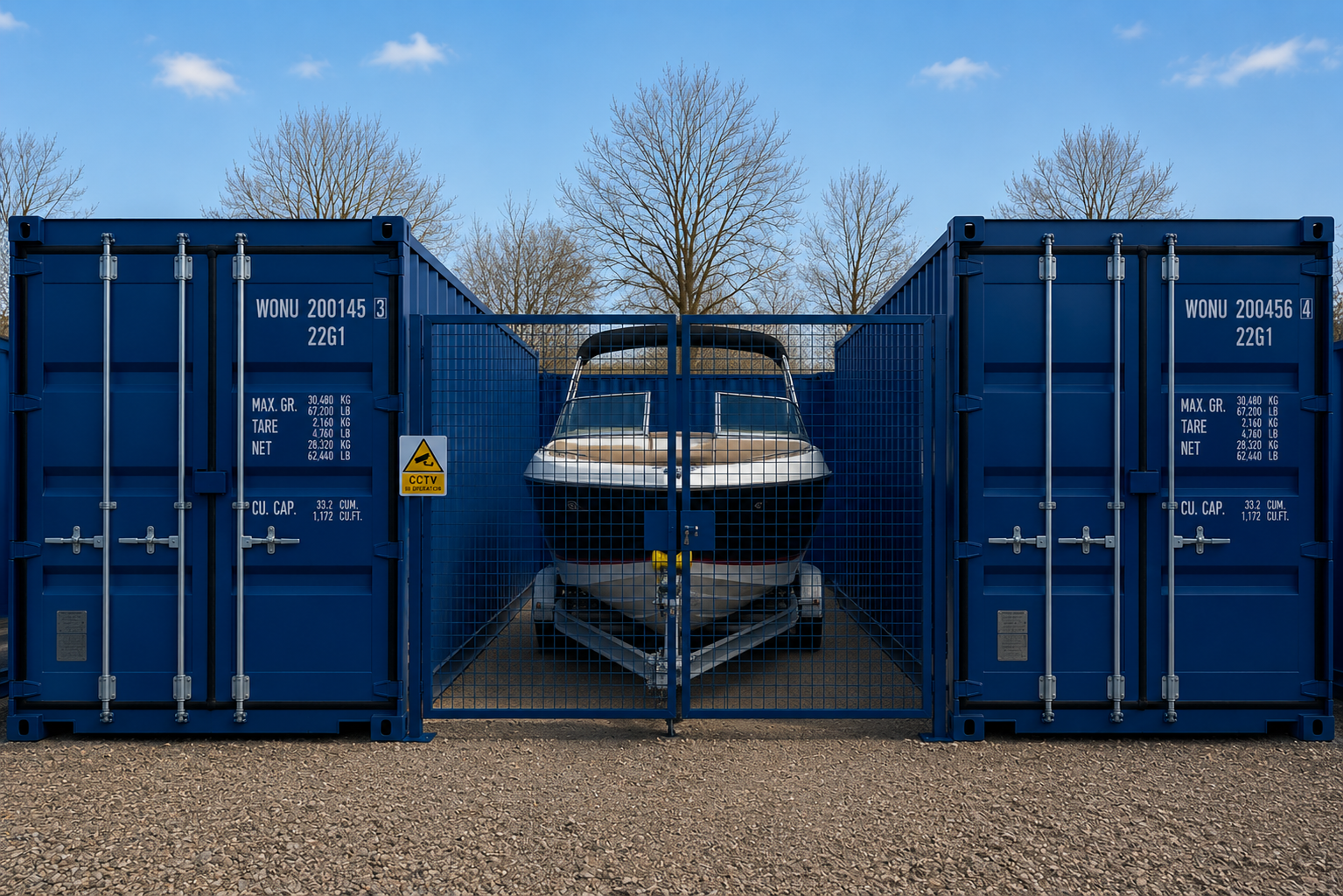 A row of Wow Storage 20ft containers with private gated yards on a secure gravel site