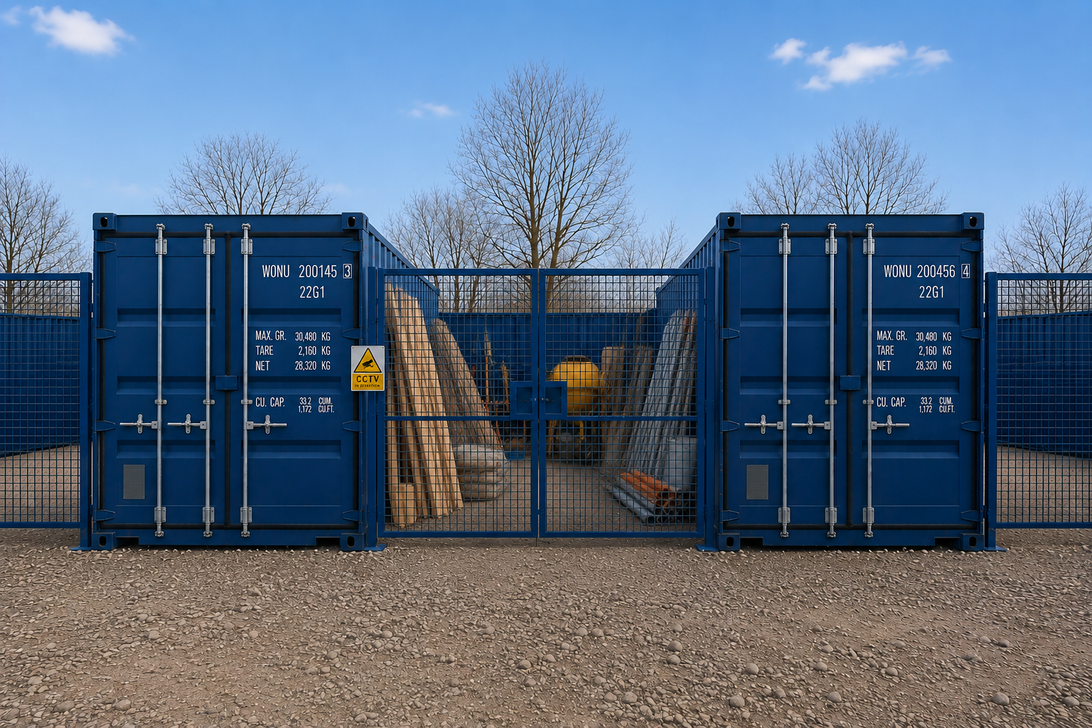 Landscaping materials, timber and cement mixer stored inside a Wow Storage micro yard