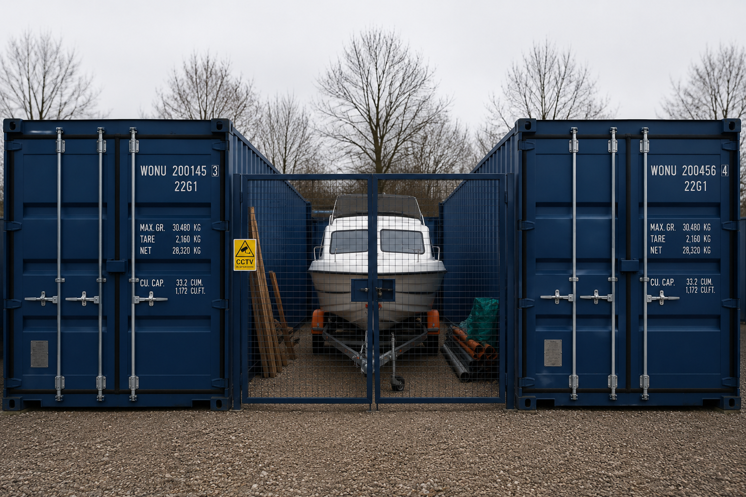 A boat on a trailer stored inside a Wow Storage micro yard