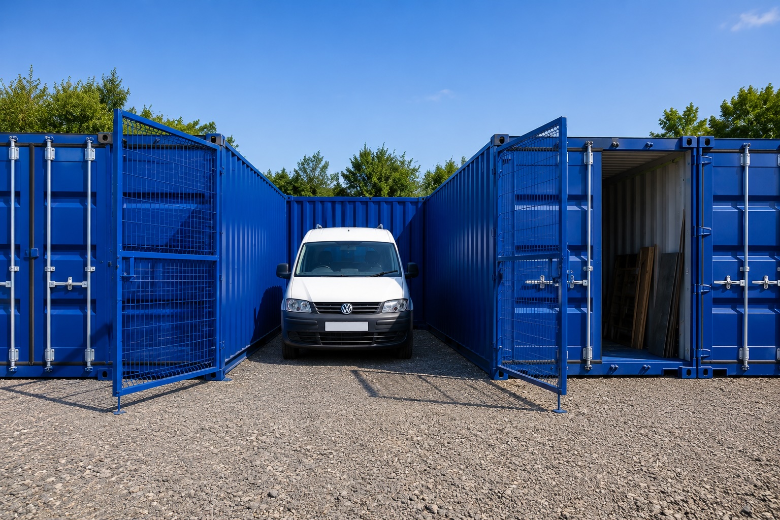 A row of Wow Storage 20ft containers with private gated yards on a secure gravel site