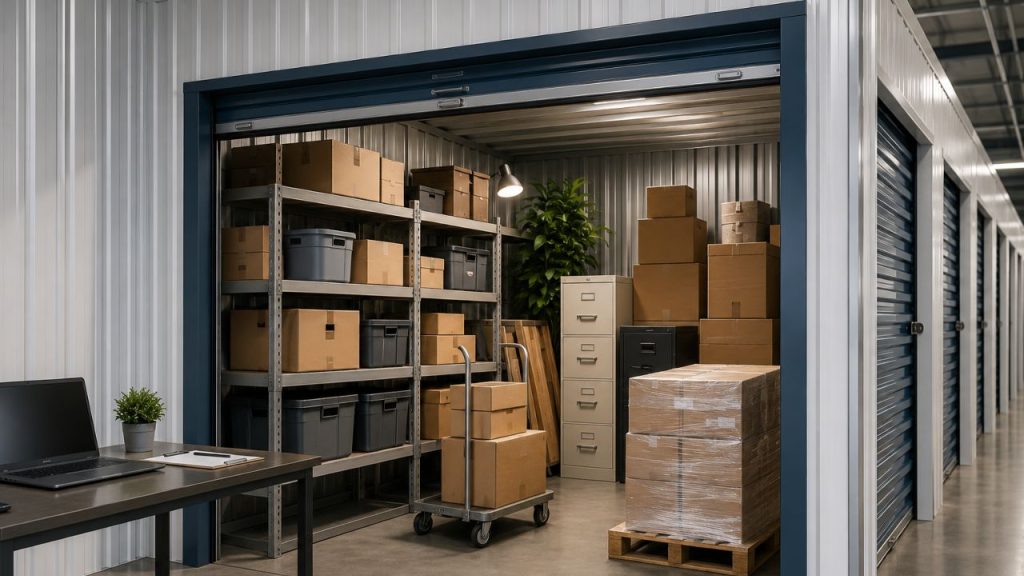 Organized storage unit with shelves, boxes, furniture, and moving supplies
