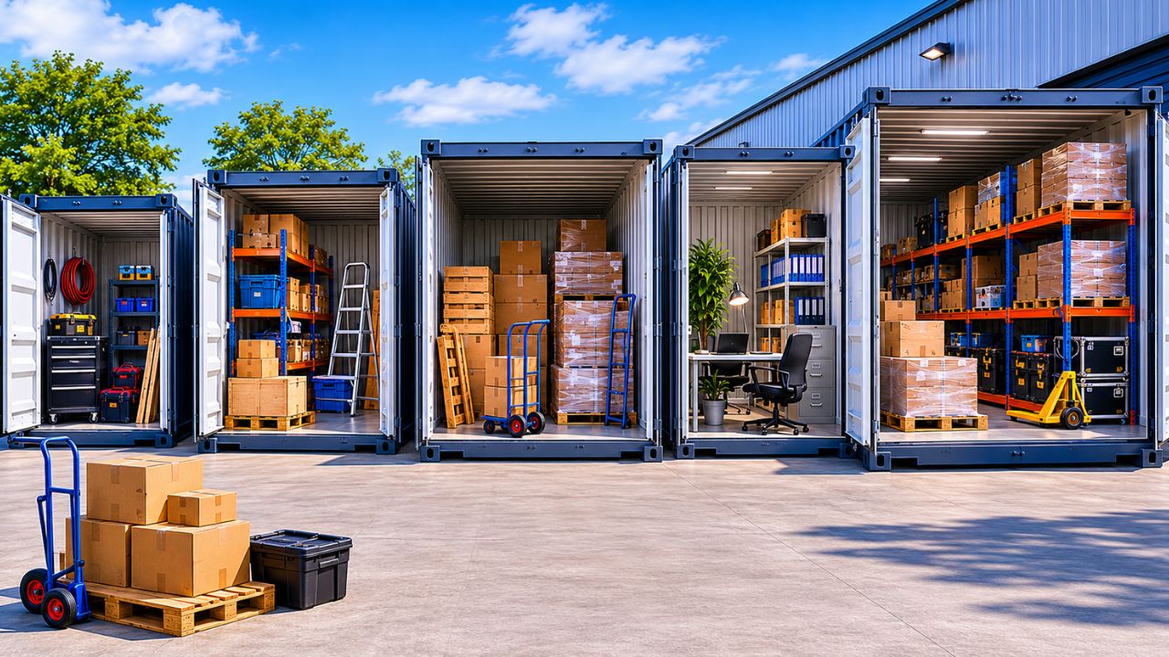 Outdoor storage containers with boxes and equipment for organized storage