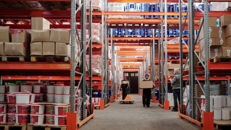 Warehouse storage facility with organized shelves, boxes, pallets, and workers