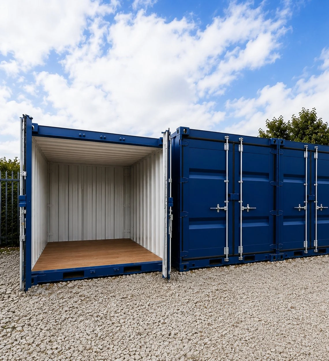 Blue drive-up storage containers at WOW Storage, one unit open